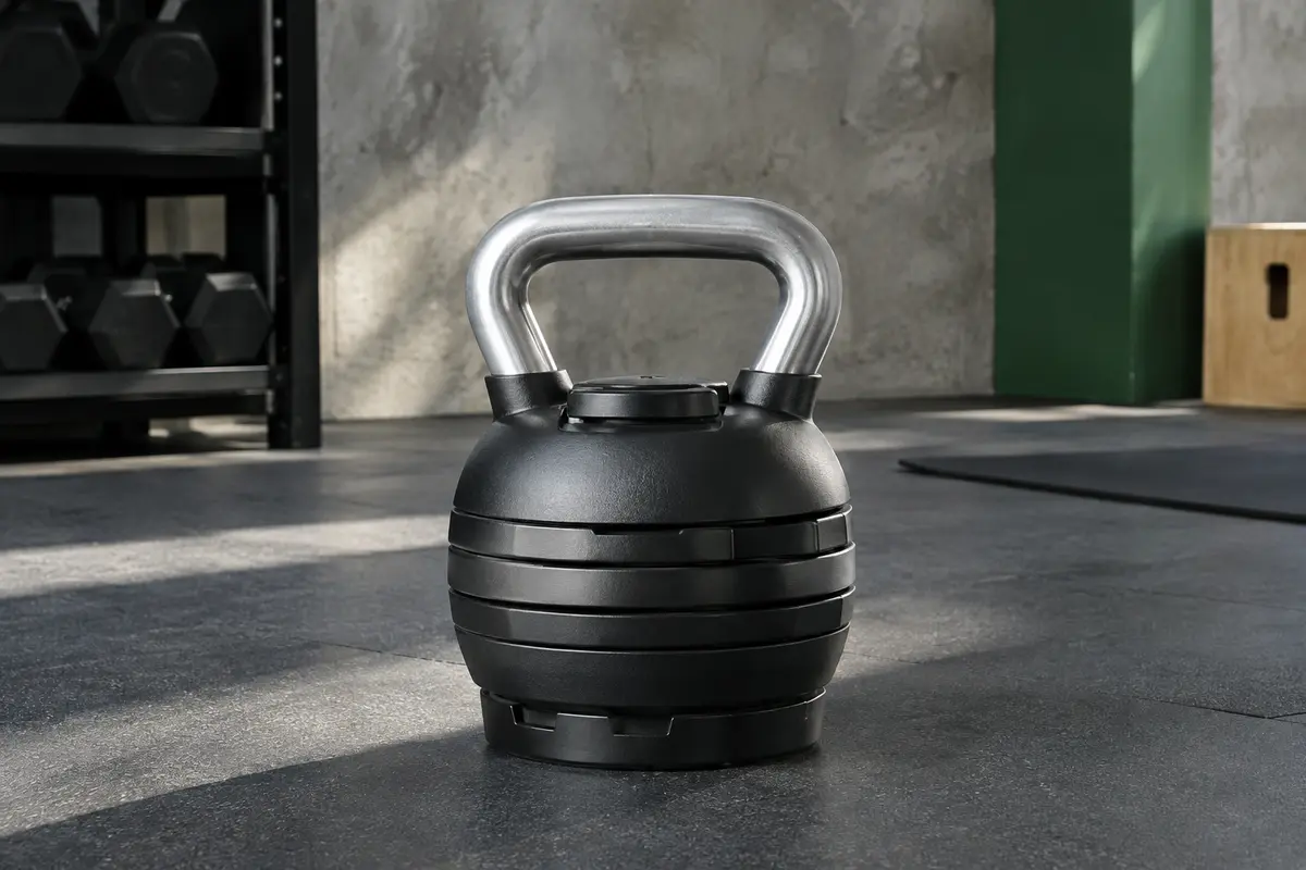 Kettlebell réglable noire avec poignée en aluminium et base de réglage, posée dans un home gym sobre.