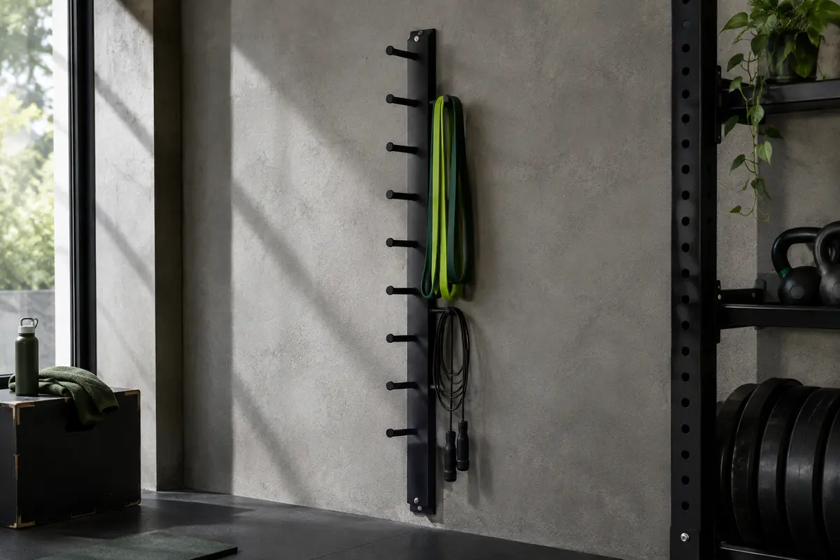 Support noir à huit broches avec bandes et corde à sauter rangées dans un home gym