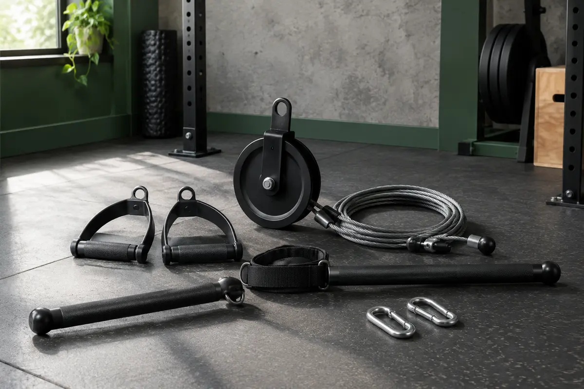 Kit de poulie de musculation noir avec barre droite, poignées en D, sangle triceps et câble en acier