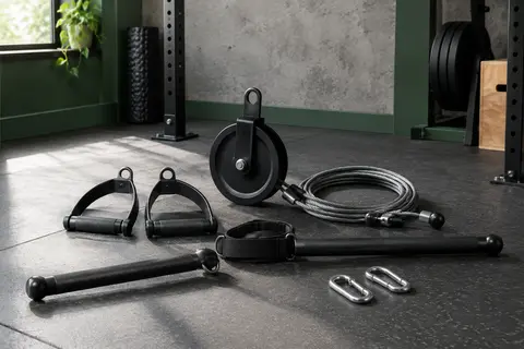 Kit de poulie de musculation noir avec barre droite, poignées en D, sangle triceps et câble en acier