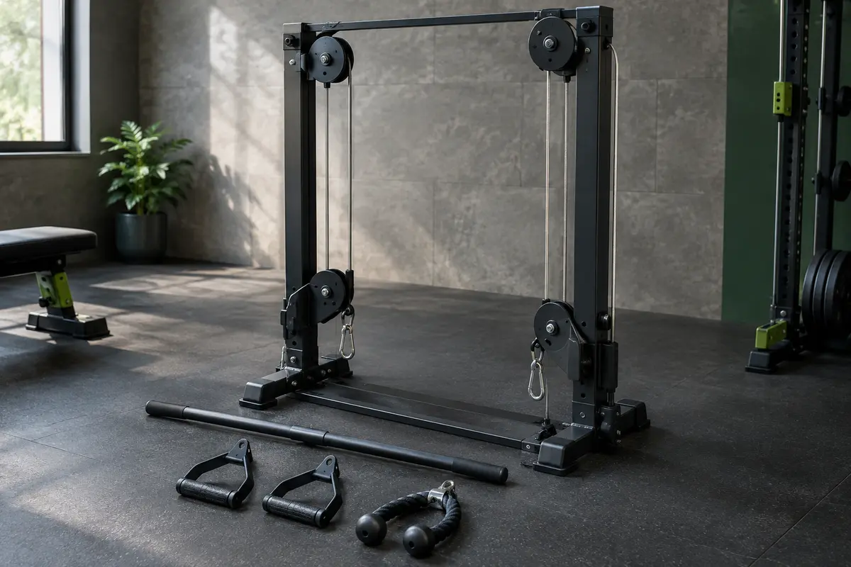 Kit de poulie de musculation noir avec deux câbles, poignées en D, barre droite et corde triceps.