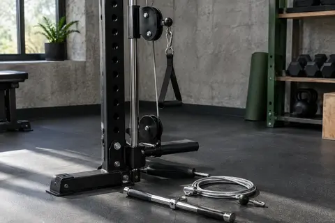 Kit de poulie noir avec câble en acier et barre droite installé dans un home gym sobre