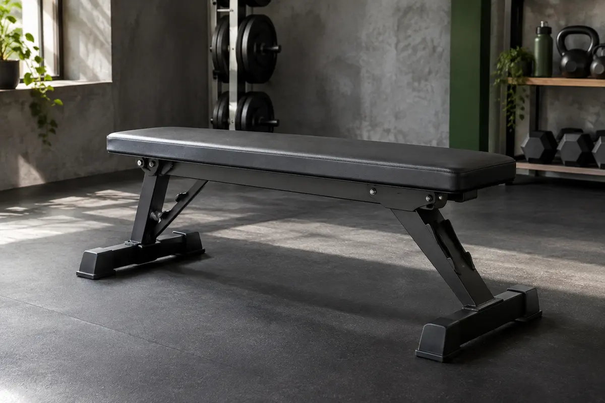 Banc de musculation plat pliant noir avec cadre métallique et plateau rembourré dans un home gym sobre.