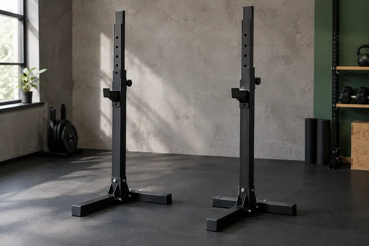 Paire de chandelles de musculation noires à hauteur réglable dans un home gym sobre et fonctionnel.
