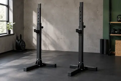 Paire de chandelles de musculation noires à hauteur réglable dans un home gym sobre et fonctionnel.