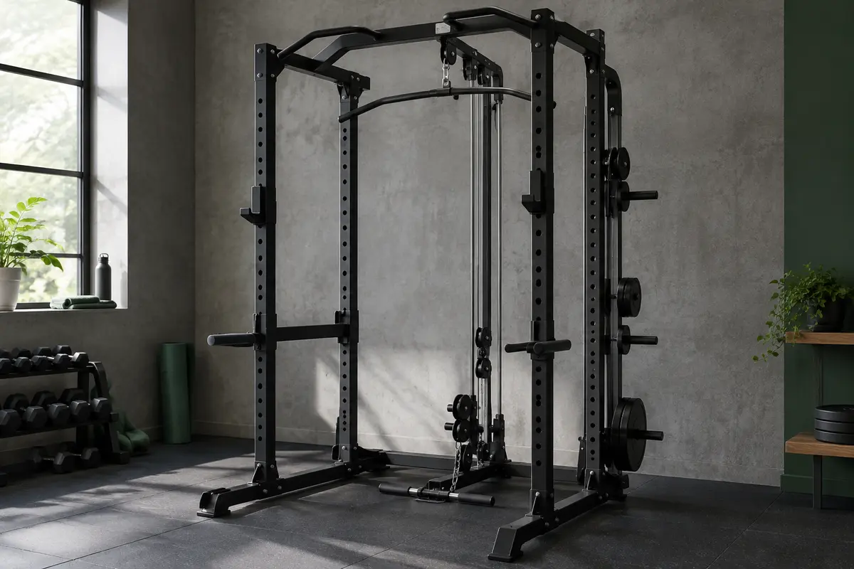 Cage à squat Marcy avec poulies haute et basse, barre de traction et rangements intégrés dans un home gym