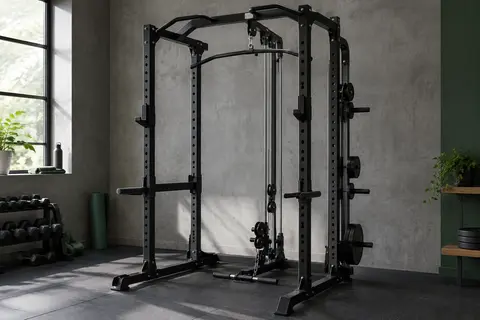 Cage à squat Marcy avec poulies haute et basse, barre de traction et rangements intégrés dans un home gym