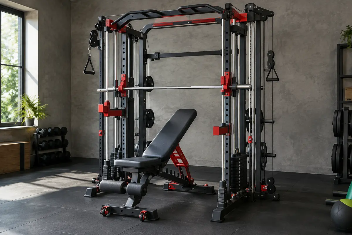 Station Marcy avec barre Smith, rack à squats, poulies croisées et banc réglable