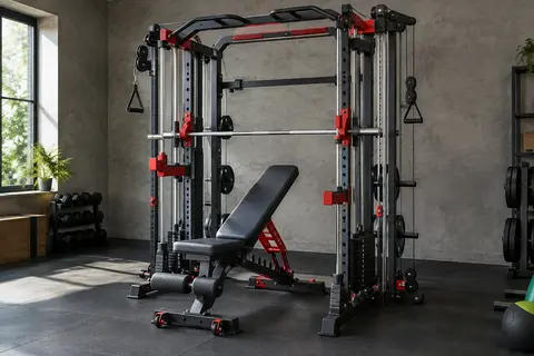 Station Marcy avec barre Smith, rack à squats, poulies croisées et banc réglable
