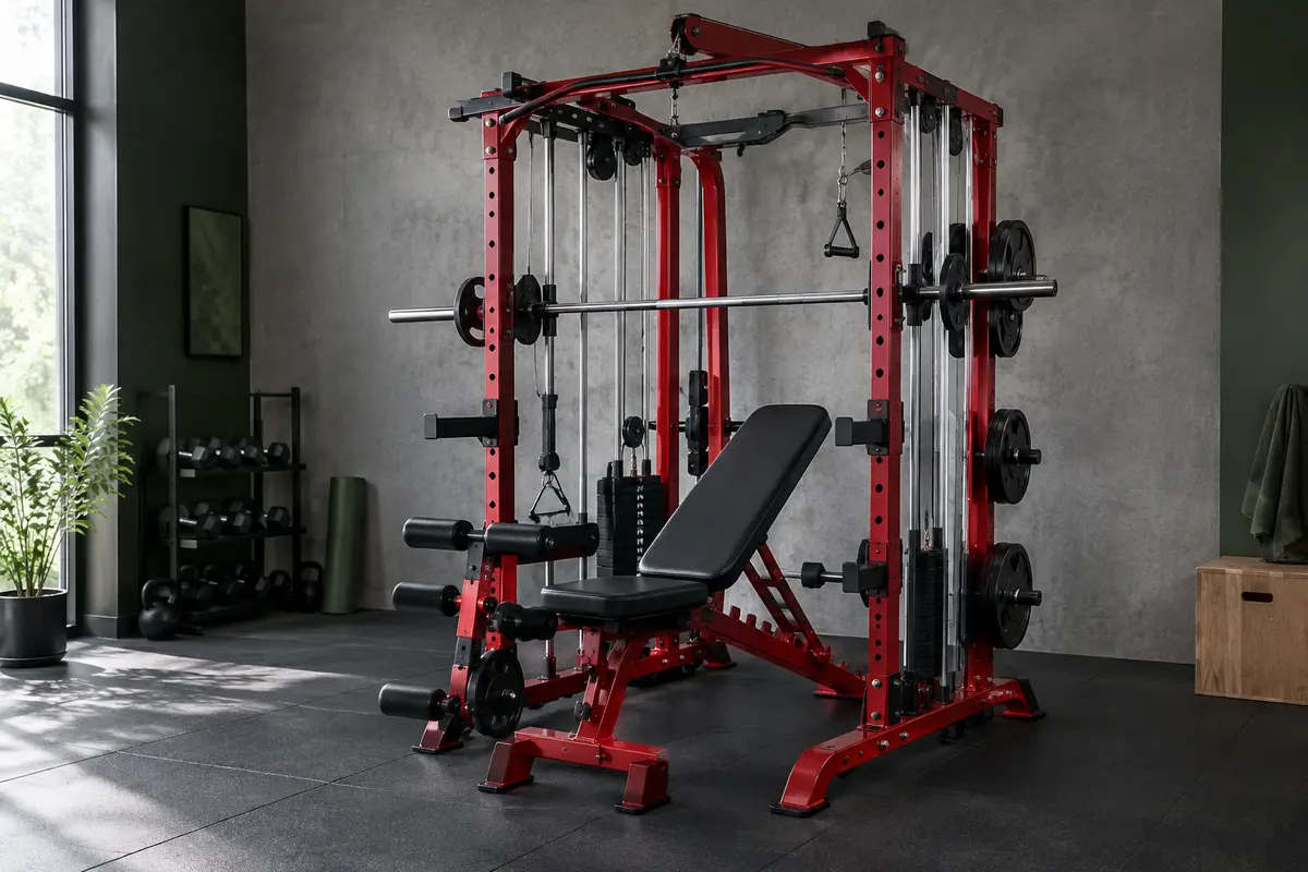 Machine Smith Marcy rouge avec banc réglable, poulies et barres de traction dans un home gym