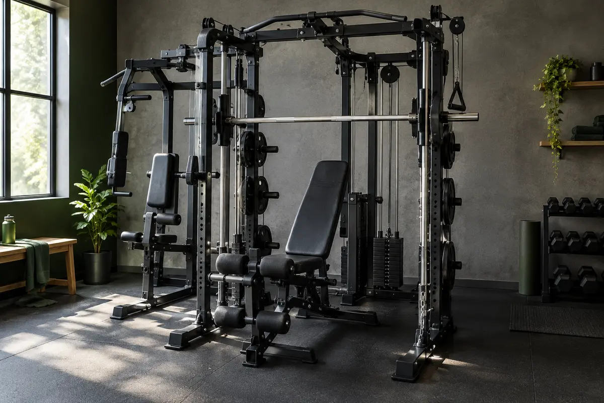 Station Marcy avec cage Smith, banc réglable, poulies hautes et station Pec Dec dans un home gym