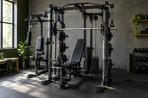 Station Marcy avec cage Smith, banc réglable, poulies hautes et station Pec Dec dans un home gym