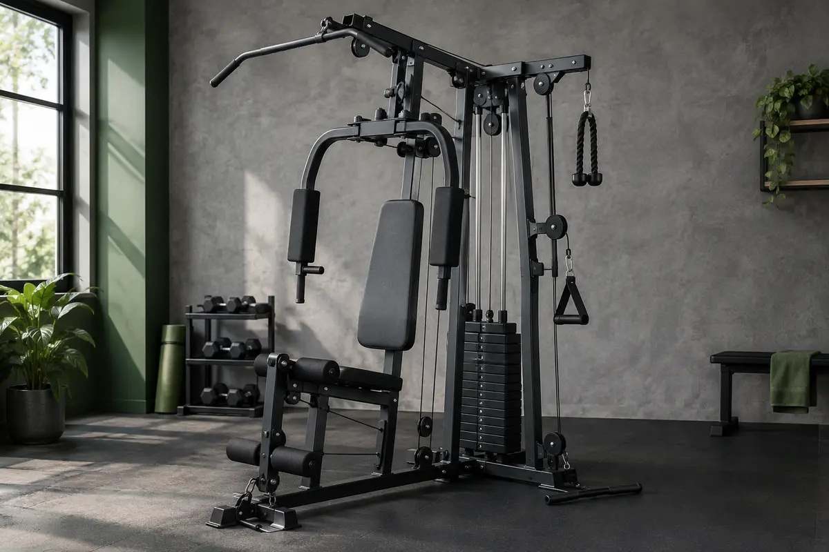 Station de musculation Marcy noire avec pile de poids, double poulie, barre EZ et coussin dorsal