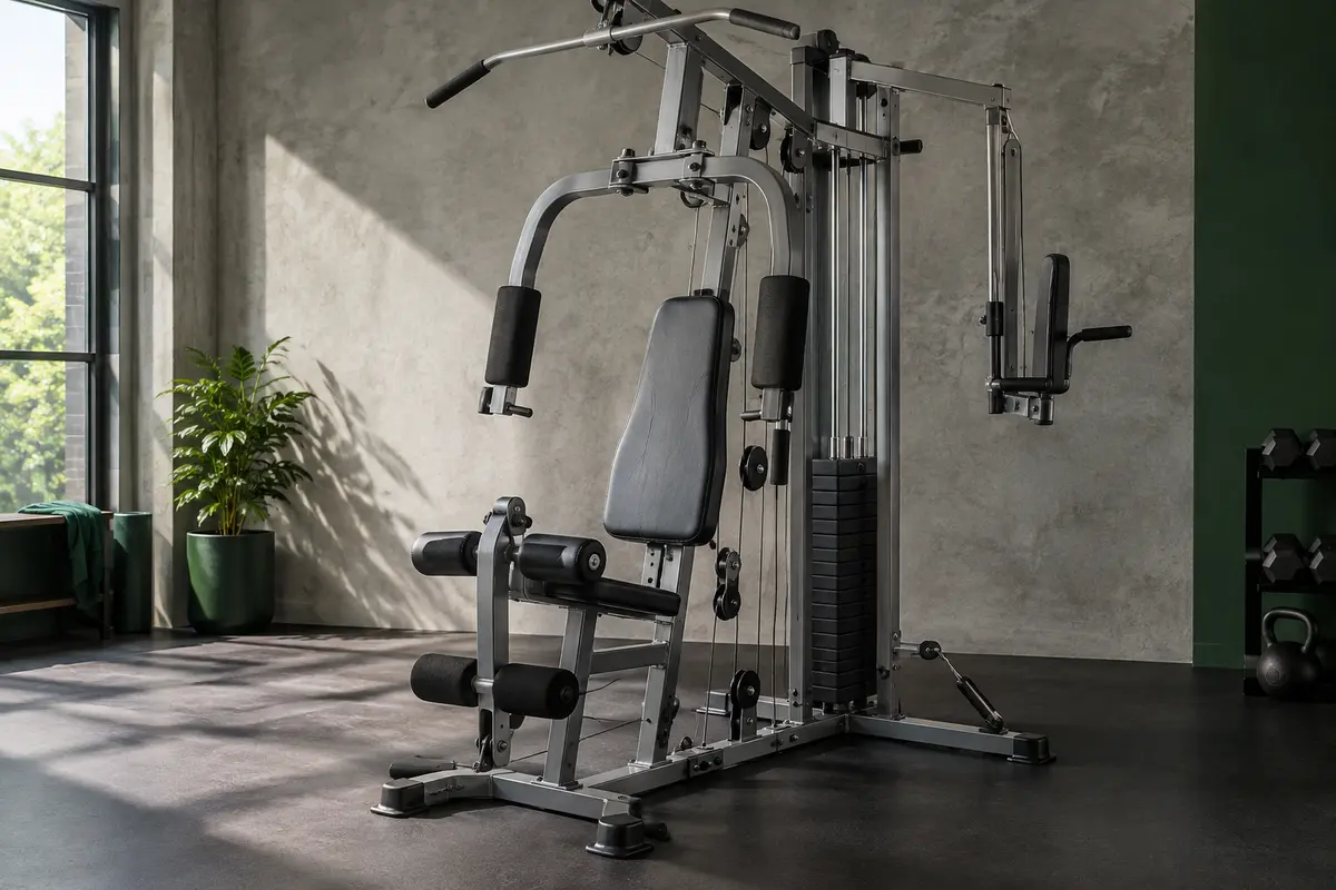 Station de musculation Marcy Eclipse MWM988 en acier gris avec poulies et siège dans un home gym sobre