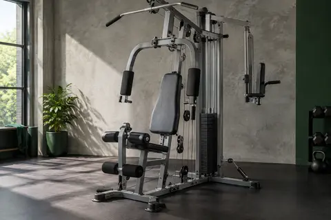 Station de musculation Marcy Eclipse MWM988 en acier gris avec poulies et siège dans un home gym sobre