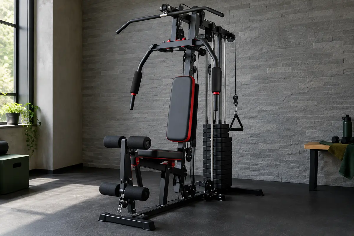 Station de musculation Marcy HG5000 noire et rouge avec siège, colonne de poids et poulies dans un home gym