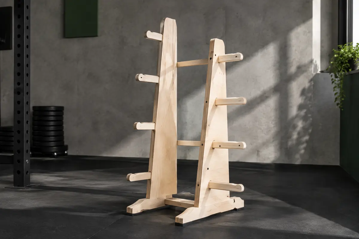 Support à disques MeansWood en bouleau installé dans un home gym sobre, sans poids rangés dessus