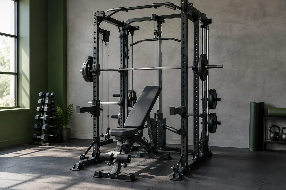 Station Domifit noire avec banc rembourré, barre de traction et supports pour haltères dans un home gym