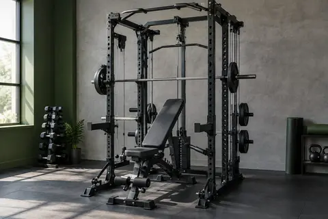 Station Domifit noire avec banc rembourré, barre de traction et supports pour haltères dans un home gym