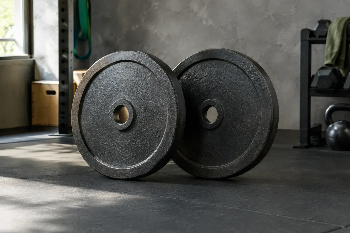 Paire de disques de musculation Movit en fonte massive posée dans un home gym sobre