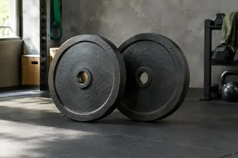 Paire de disques de musculation Movit en fonte massive posée dans un home gym sobre