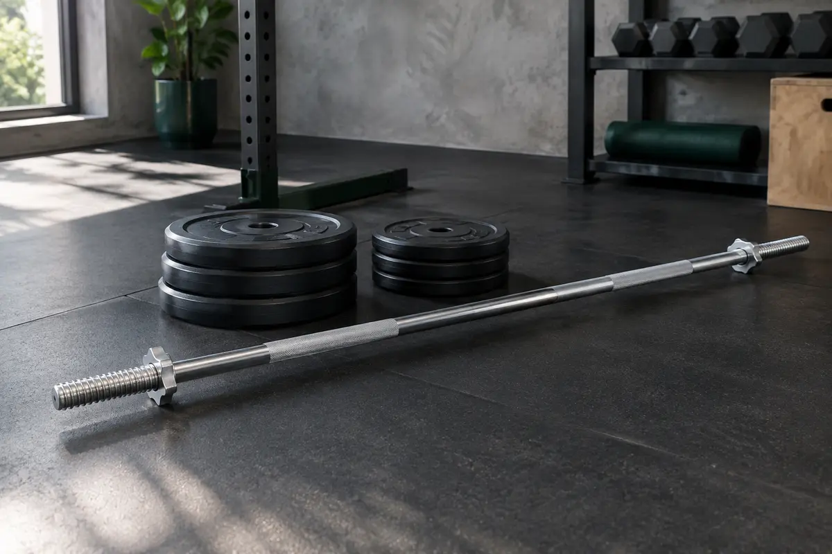 Barre longue chromée avec moletage, bagues étoile et disques noirs plastifiés dans un home gym