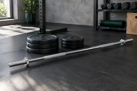Barre longue chromée avec moletage, bagues étoile et disques noirs plastifiés dans un home gym