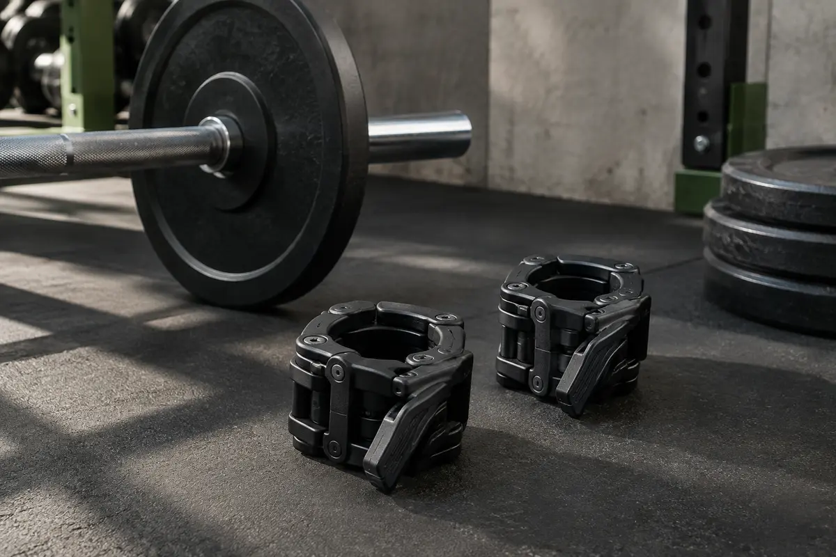 Deux colliers de serrage noirs en PVC posés près d’une barre olympique dans un home gym