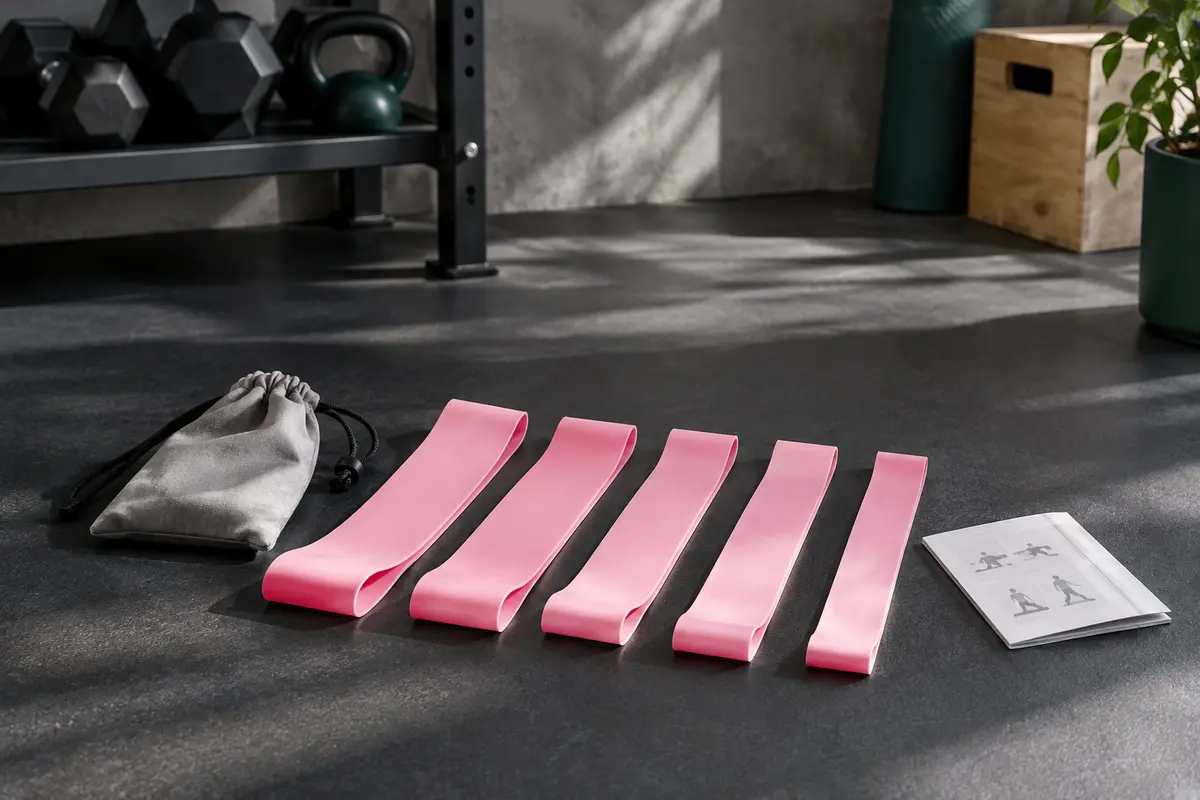 Cinq bandes élastiques roses en boucle et leur sac de transport, posés sur le sol d’un home gym