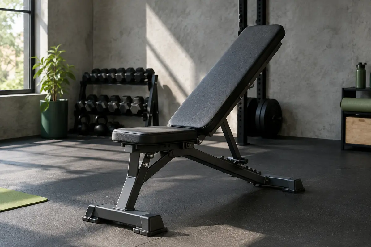 Banc de musculation Pasyou à dossier réglable installé dans un home gym sobre