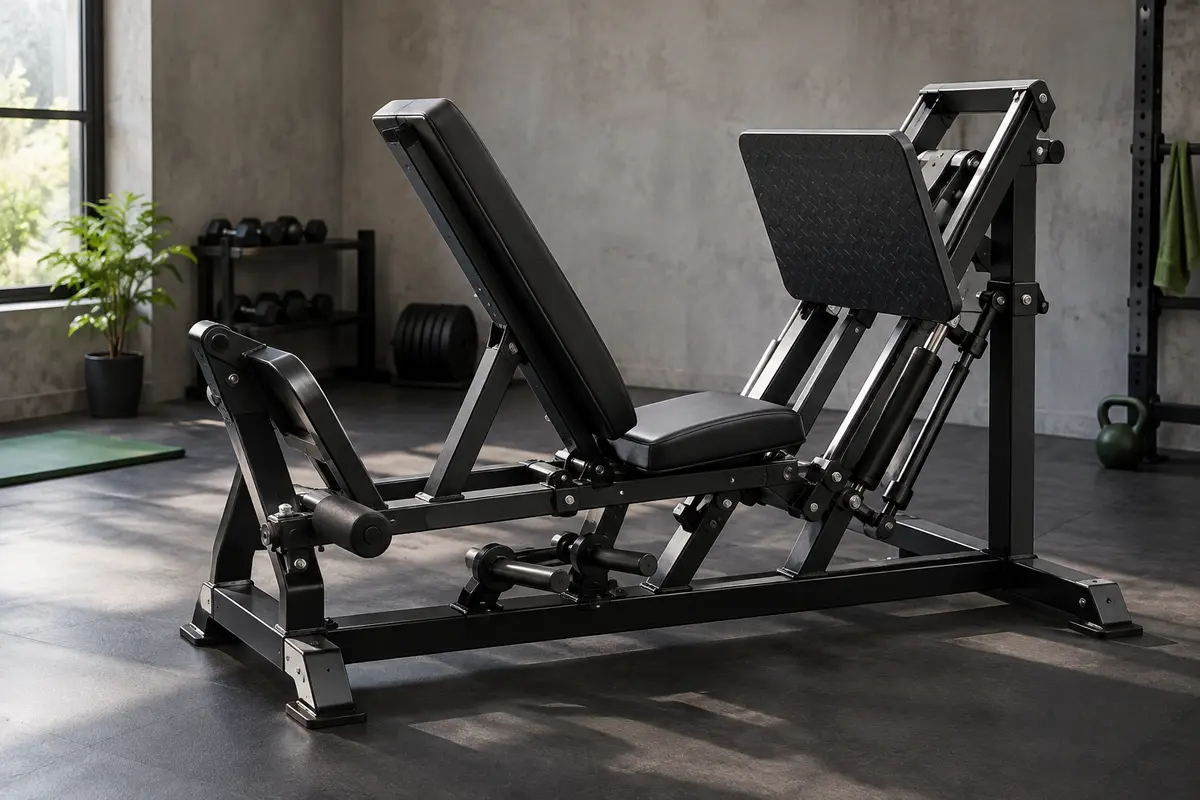 Banc noir Pasyou PM35 avec presse à cuisses hydraulique et dossier réglable dans un home gym