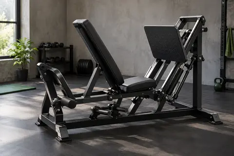 Banc noir Pasyou PM35 avec presse à cuisses hydraulique et dossier réglable dans un home gym