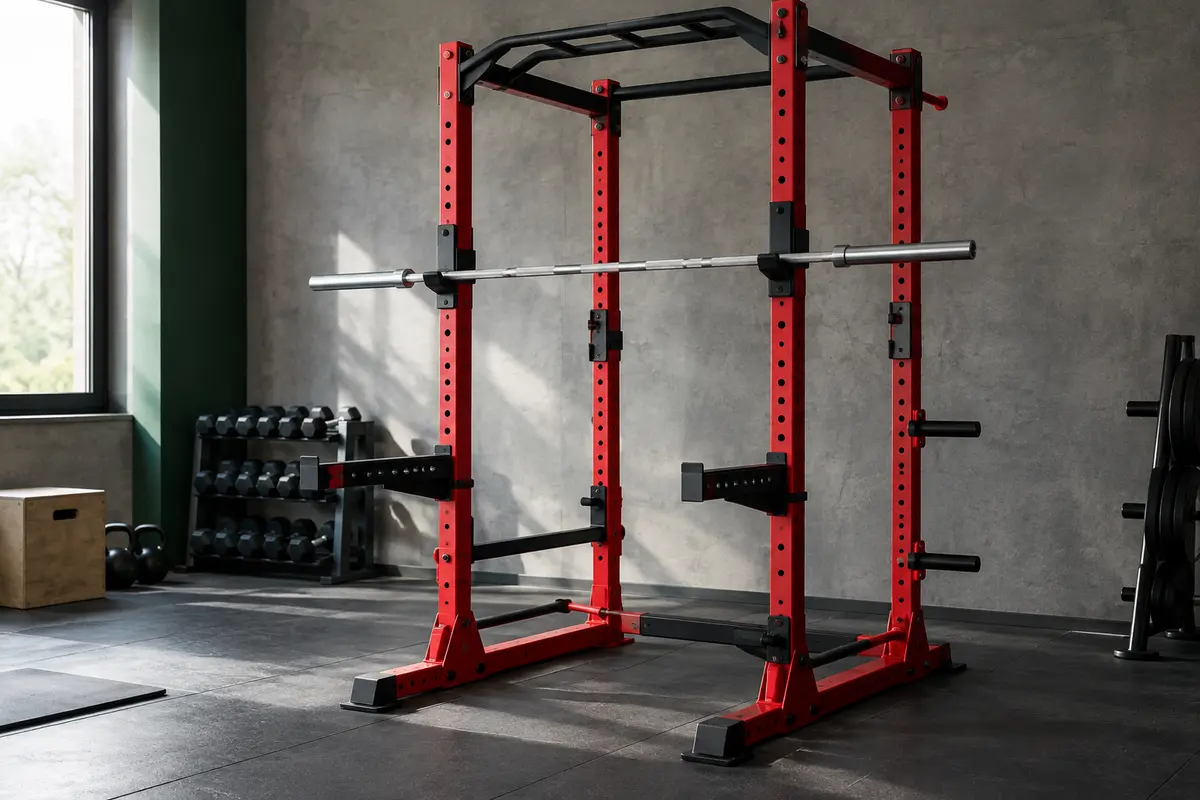 Rack à squat Pasyou rouge avec supports réglables et barre de pompes dans un home gym