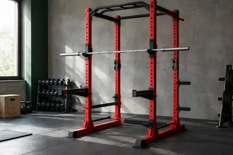 Rack à squat Pasyou rouge avec supports réglables et barre de pompes dans un home gym