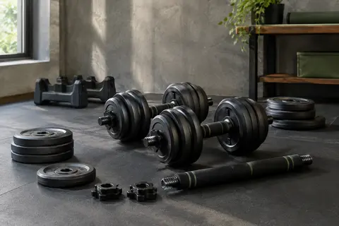 Ensemble Phoeros d’haltères réglables en acier avec barre de connexion et supports de rangement