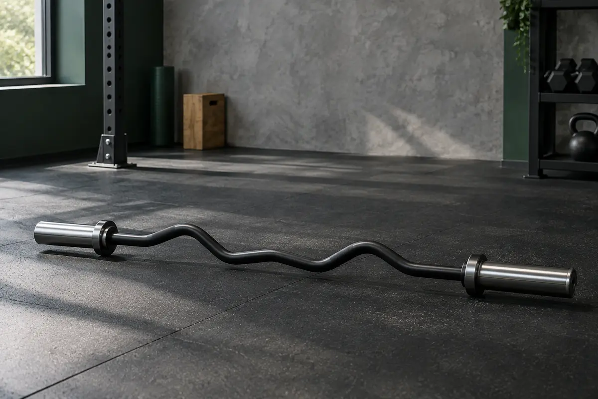 Barre de curl EZ noire avec tige courbée et manchons de charge, posée dans un home gym sobre.