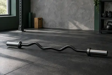 Barre de curl EZ noire avec tige courbée et manchons de charge, posée dans un home gym sobre.