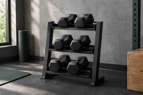 Six haltères noirs en néoprène rangés par paire sur un support en acier dans un home gym sobre.