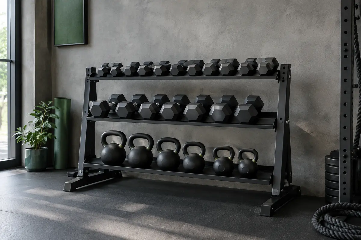 Rack métallique noir à trois niveaux avec haltères et kettlebells rangés dans un home gym sobre
