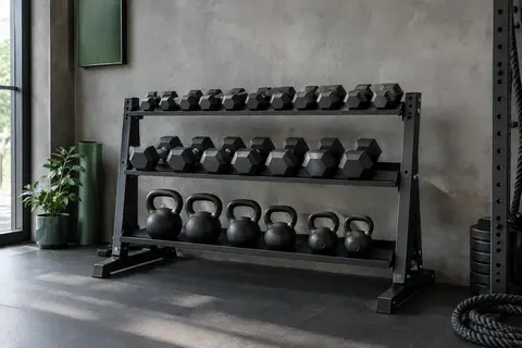 Rack métallique noir à trois niveaux avec haltères et kettlebells rangés dans un home gym sobre