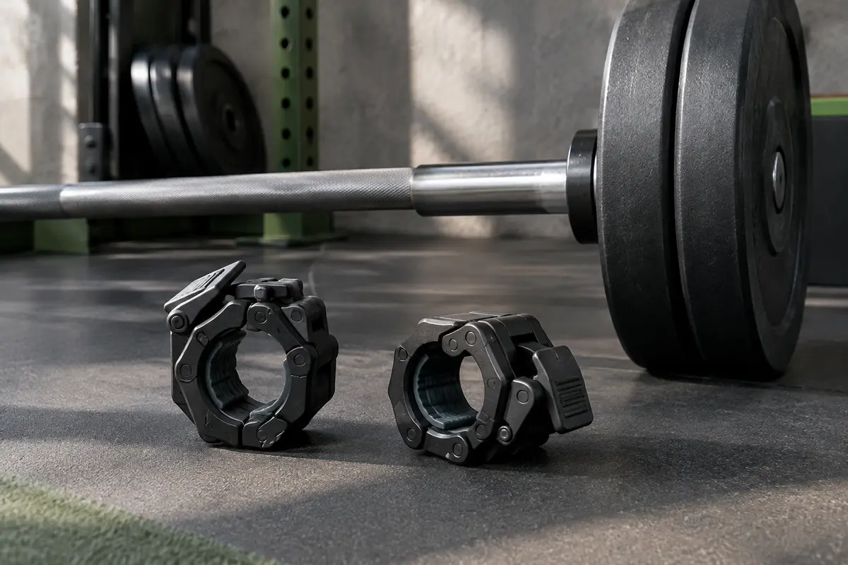 Paire de colliers de serrage noirs en nylon et TPR posés près d’une barre olympique et de disques