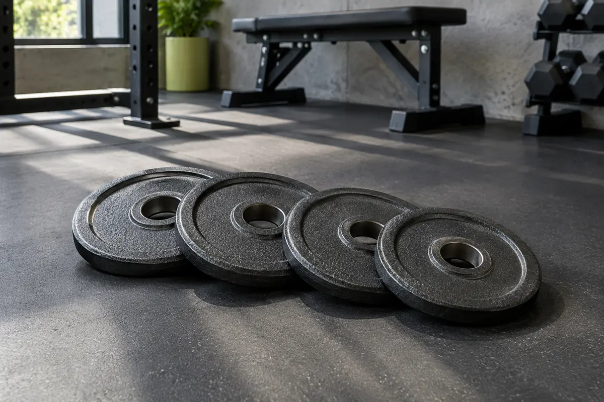 Quatre disques de musculation Proiron en fonte de 2,5 kg posés dans un home gym sobre