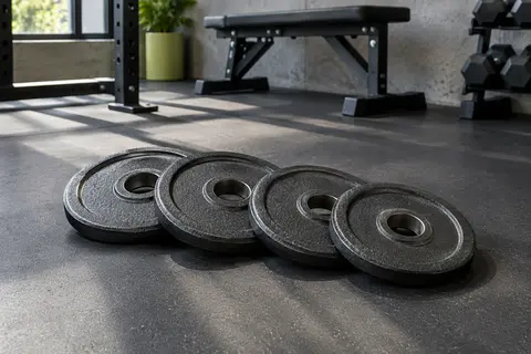 Quatre disques de musculation Proiron en fonte de 2,5 kg posés dans un home gym sobre