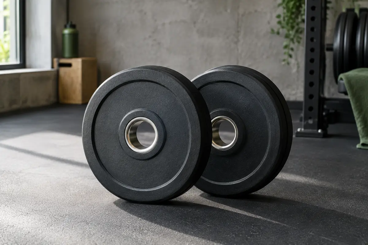 Paire de disques de musculation en caoutchouc avec manchons chromés dans un home gym