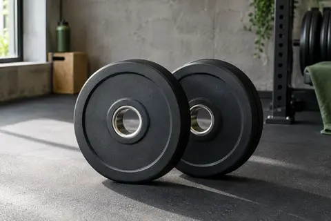 Paire de disques de musculation en caoutchouc avec manchons chromés dans un home gym