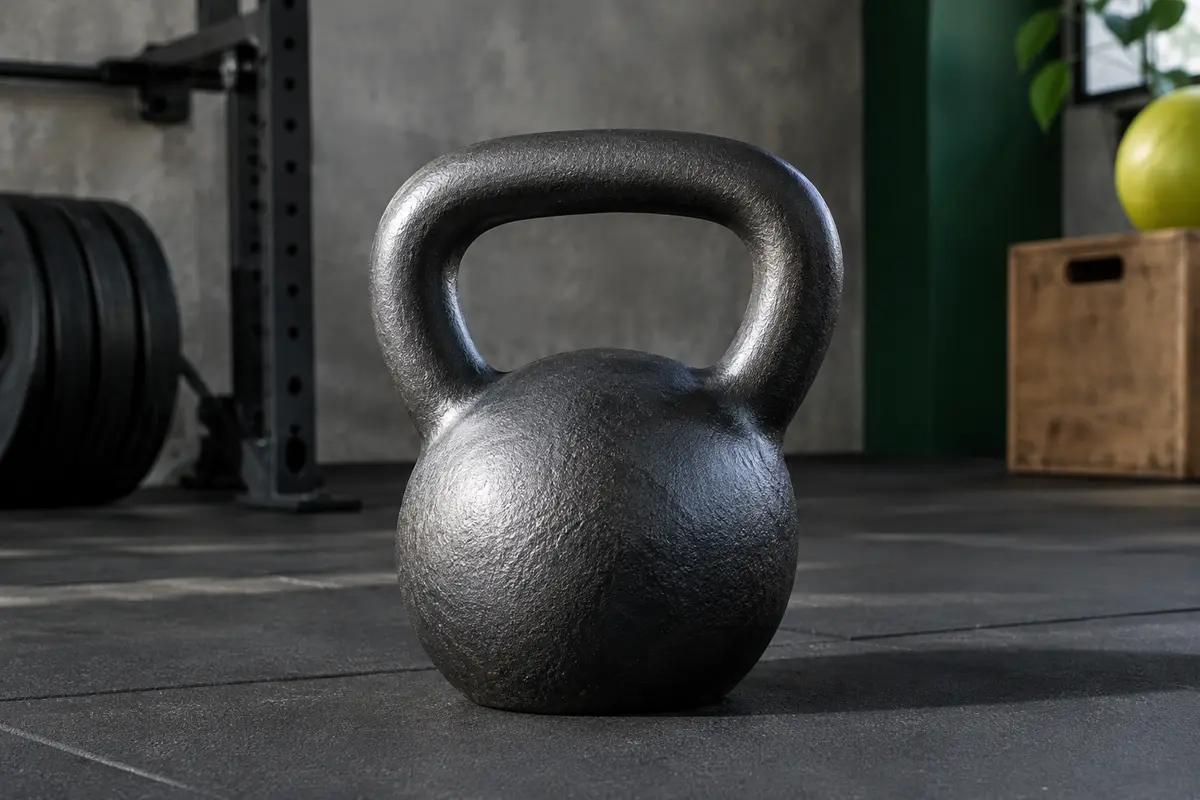 Kettlebell Proiron en fonte à poignée large, posée verticalement sur le sol d’un home gym