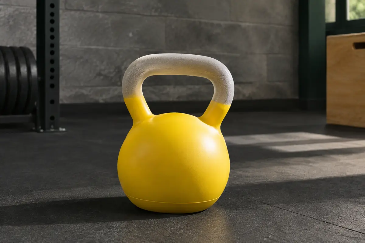Kettlebell souple jaune Proiron de 4 kg avec poignée large, posée sur un sol sombre de home gym.