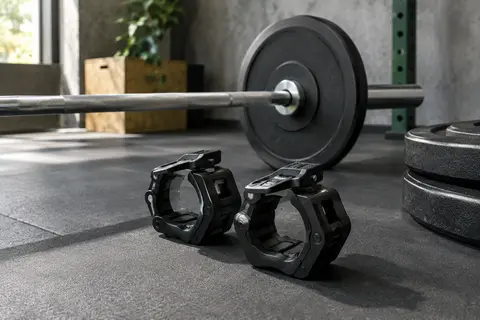 Paire de colliers noirs à pince rapide posée près d’une barre olympique et de disques