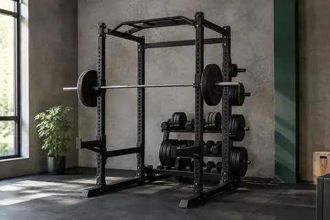 Cage à squat noire avec barre de traction réglable dans un home gym sobre au sol sombre.