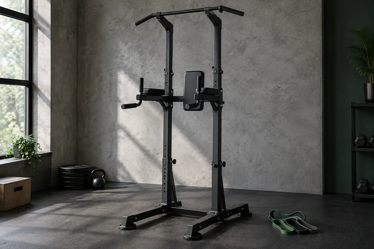Chaise romaine noire avec barre de traction, poignées de dips et base en H dans un home gym